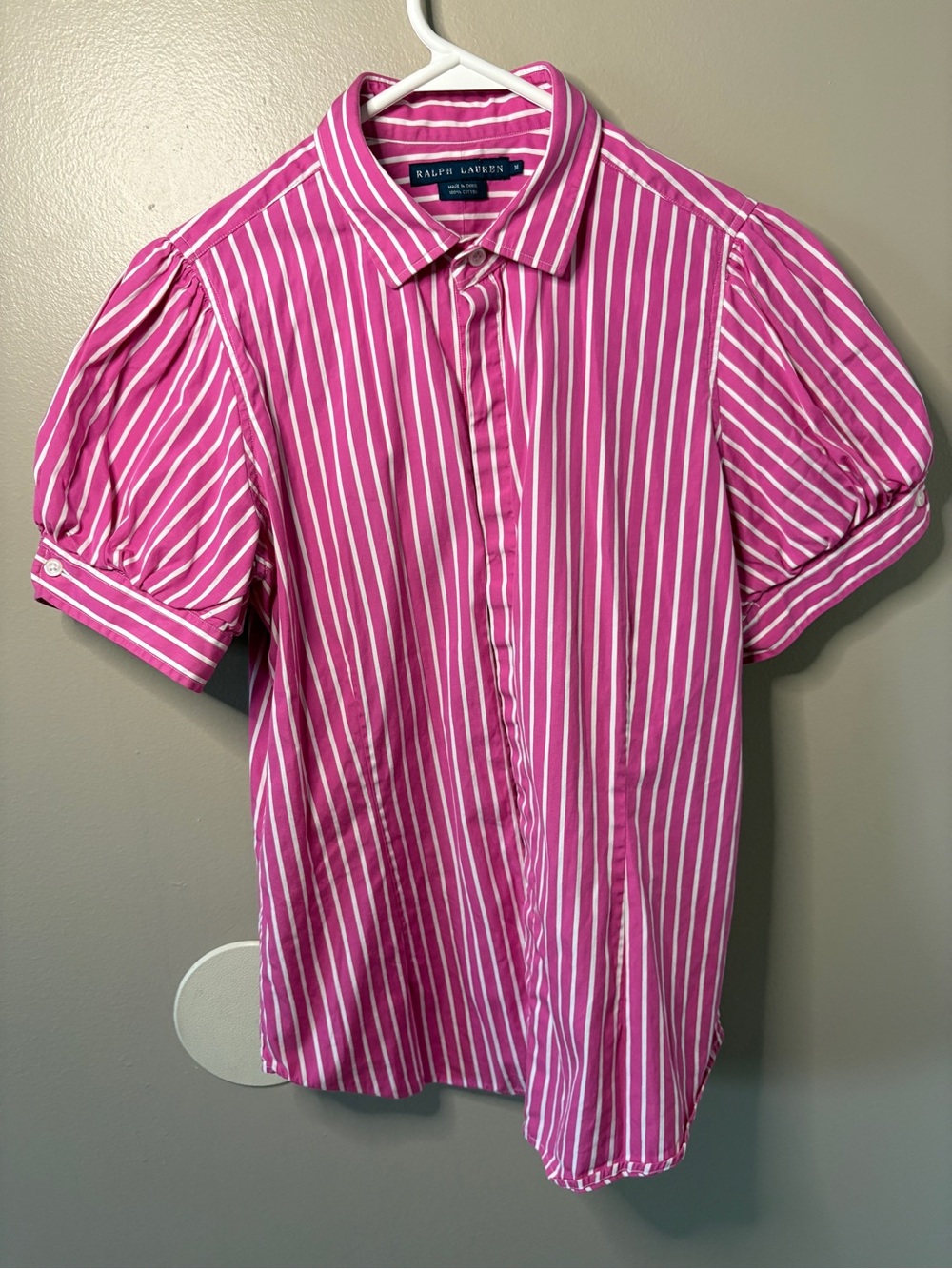 Ralph Lauren Pink and White Striped Puff Sleeve Button-Up Blouse